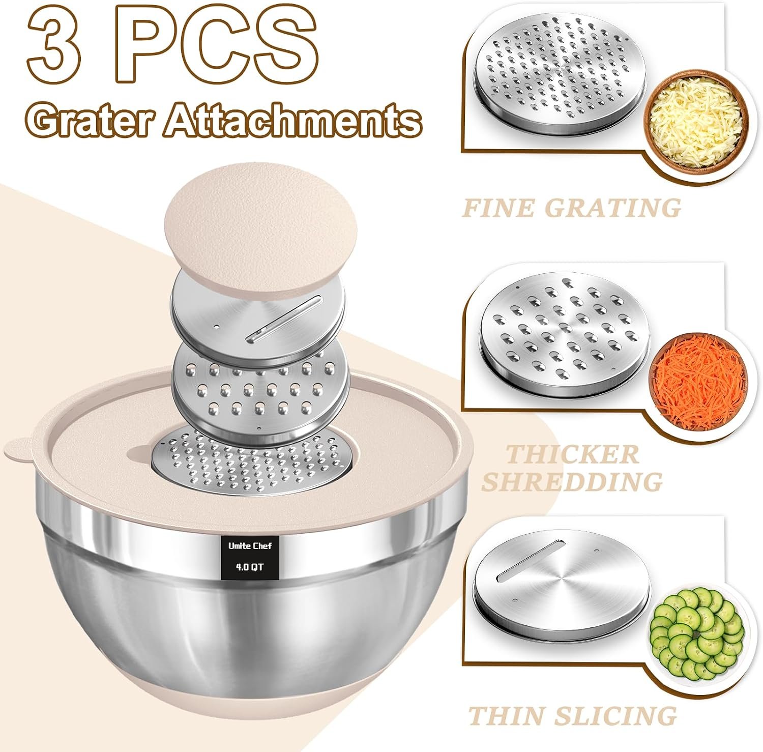 Umite Chef Mixing Bowls with Airtight Lids Set, 8PCS Stainless Steel - Image 4