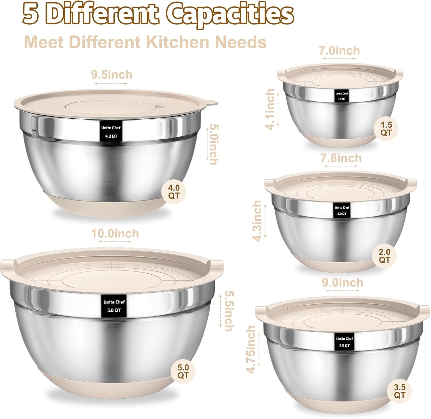 Umite Chef Mixing Bowls with Airtight Lids Set, 8PCS Stainless Steel - Image 2