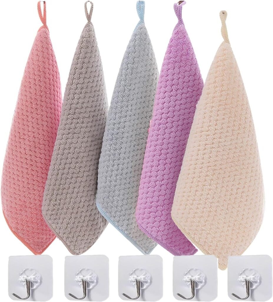 5 Pcs Hand Towels with Hanging Loops,with 5 Self