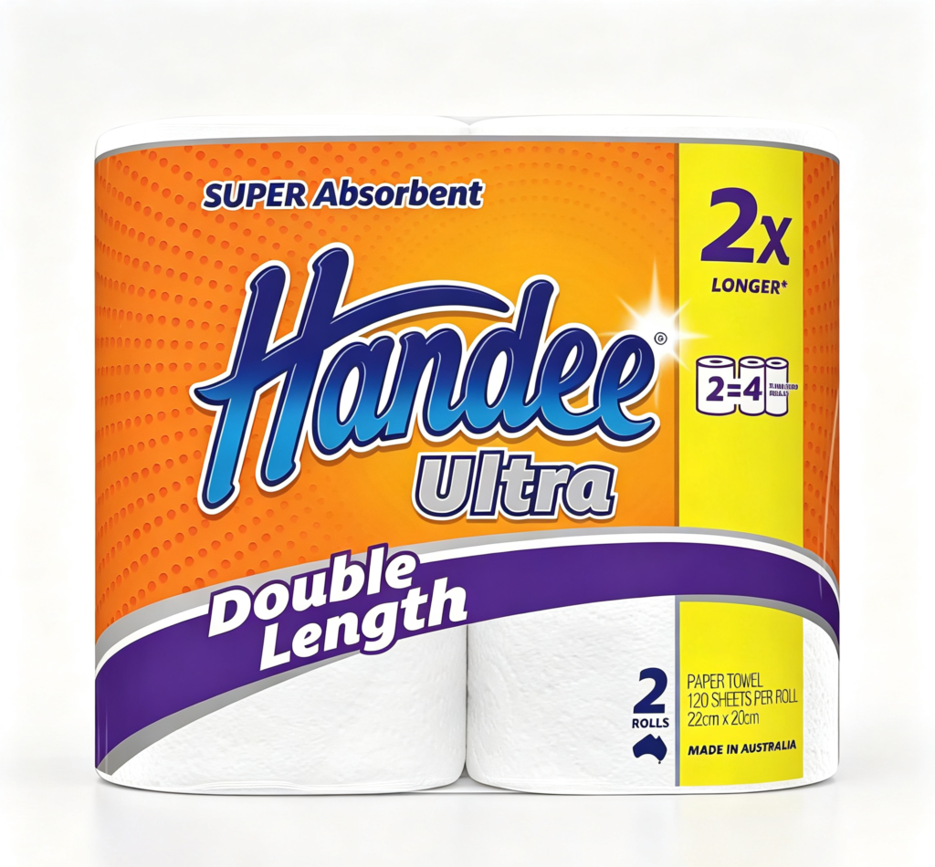 Handee Ultra White Double Length Paper Towel, 8 Rolls Value Pack