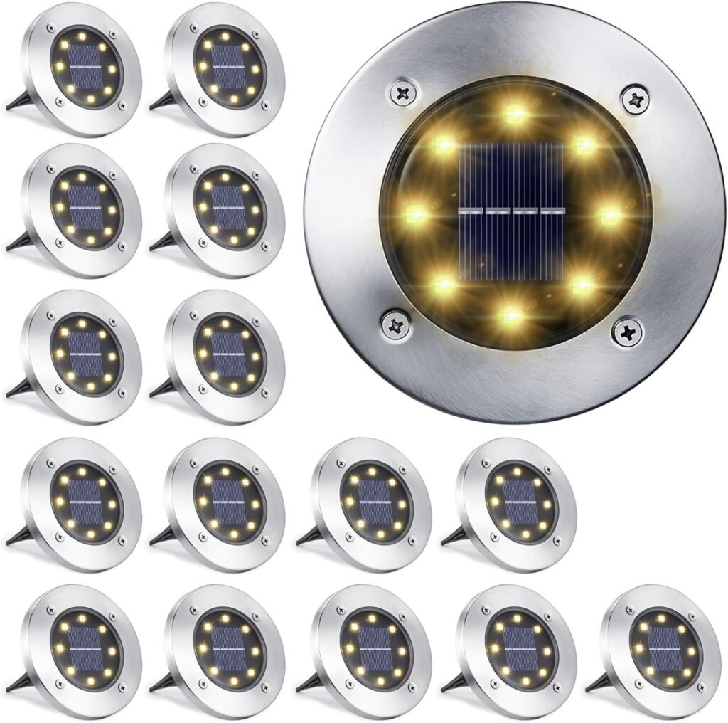 16 Pack Solar Lights Outdoor, IP65 Waterproof Flat Solar Disc Light.
